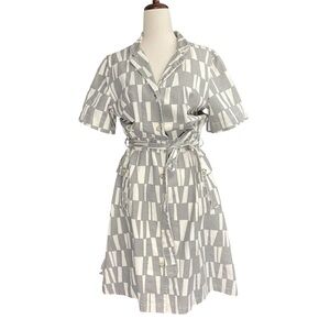 Utility Canvas Geometric Print Grey White Pocket Shirt Dress Size Medium
